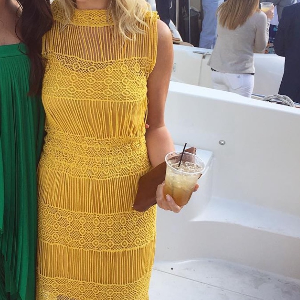 Moon River yellow ochre crochet dress